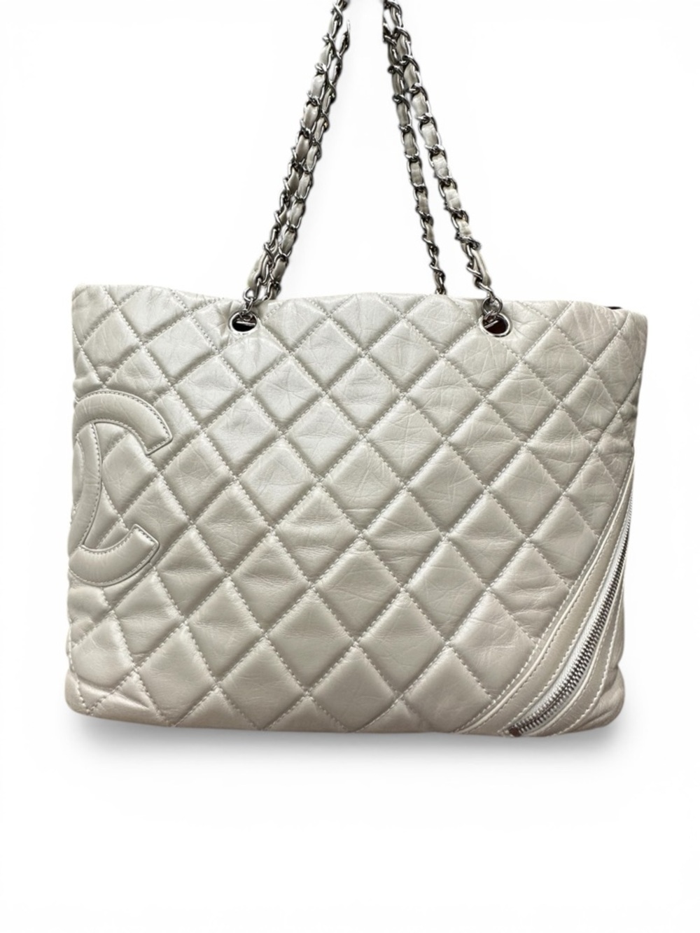 Chanel Cambon Ligne Tote Cream Lambskin | Quilted CC Chain Shoulder Bag (C8)